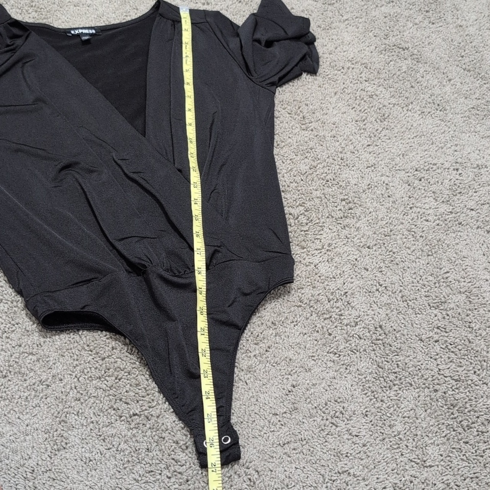 EXPRESS Satin Black Flutter Sleeve Wrap Front Bodysuit Women's Size Small - Picture 12 of 13